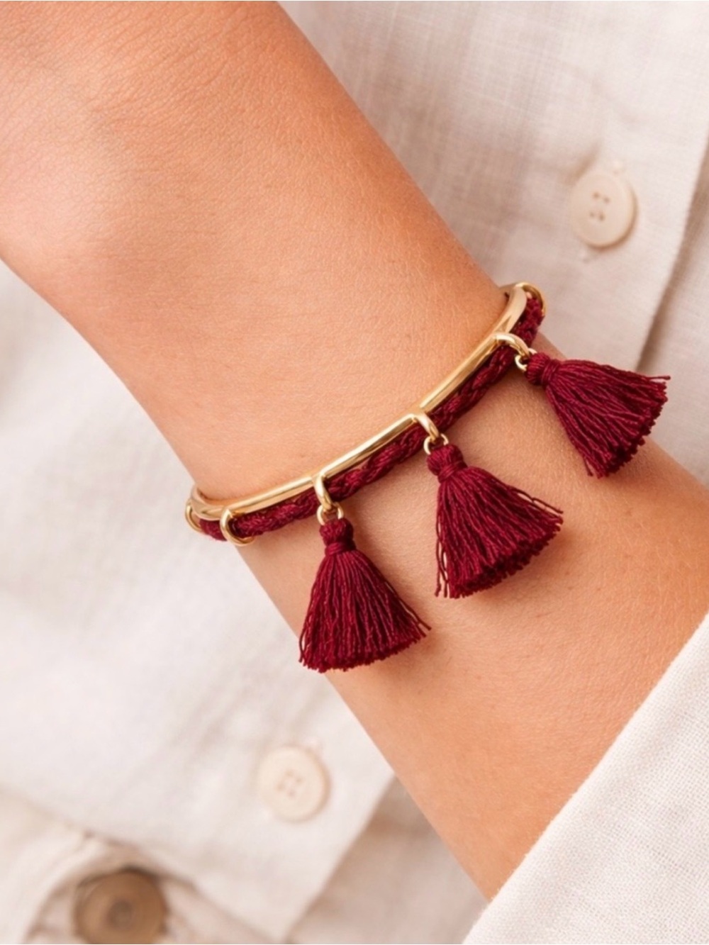 MADEWELL Cuff Bracelet, gold tone with burgundy tassels